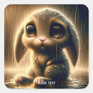 Fantasy Niedlich Sad Bunny Rain Quadratischer Aufkleber