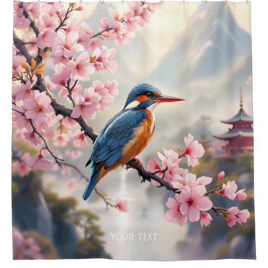 Fantasy Niedlich Sakura Bird Blue Duschvorhang (Vorderseite)