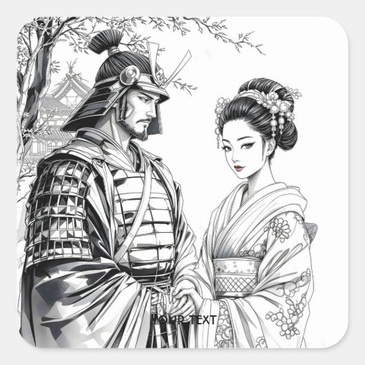 Fantasy Niedlich Samurai Geisha Pencil Quadratischer Aufkleber (Vorderseite)