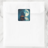 Fantasy Niedlich Ship Night Moon Quadratischer Aufkleber (Tasche)