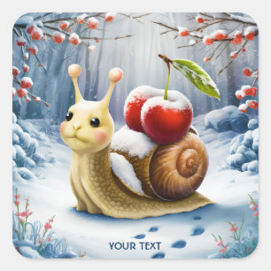 Fantasy Niedlich Snail Cherry Winter Quadratischer Aufkleber