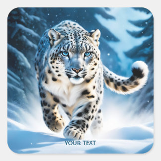 Fantasy Niedlich Snow Leopard Running Quadratischer Aufkleber