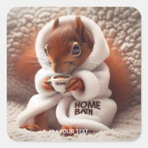 Fantasy Niedlich Squirrel Coffee Cup Quadratischer Aufkleber