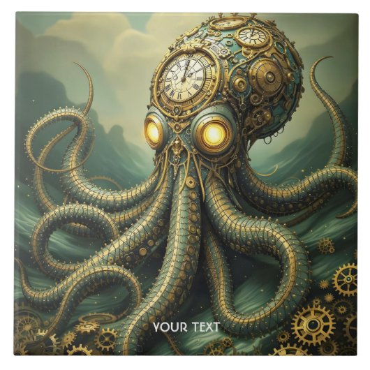 Fantasy Niedlich Steampunk Clock Kraken Fliese (Vorderseite)