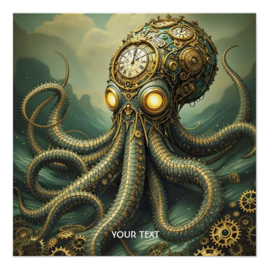 Fantasy Niedlich Steampunk Clock Kraken Poster (Vorderseite)