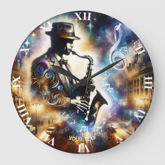 Fantasy Niedlich Street Musiker Saxophon Große Wanduhr (Vorderseite)