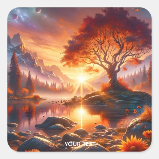 Fantasy Niedlich Sunset Orange Tree Quadratischer Aufkleber (Vorderseite)
