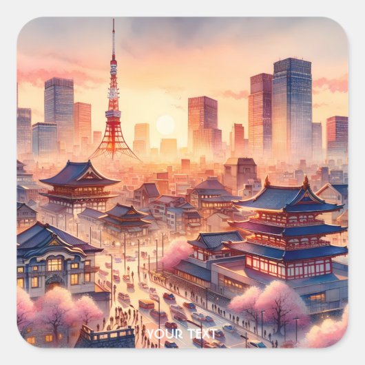 Fantasy Niedlich Sunset Tokyo View Quadratischer Aufkleber (Vorderseite)