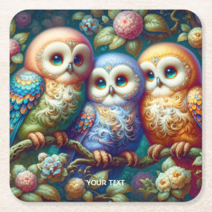 Fantasy Niedlich Three Baby Owls Rechteckiger Pappuntersetzer