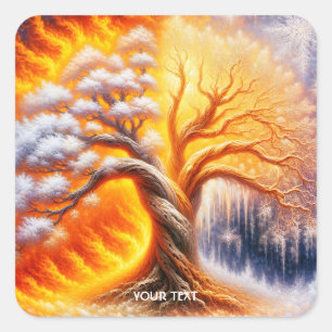 Fantasy Niedlich Tree Fire Snow Quadratischer Aufkleber