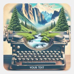 Fantasy Niedlich Typing Writer Landscape Quadratischer Aufkleber