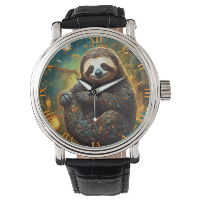 Fantasy Niedlich Vivid Blume Majestic Sloth Armbanduhr (Vorderseite)
