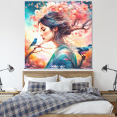 Fantasy Niedlich Vivid Girl Blossom Vögel Leinwanddruck (Insitu (Schlafzimmer))