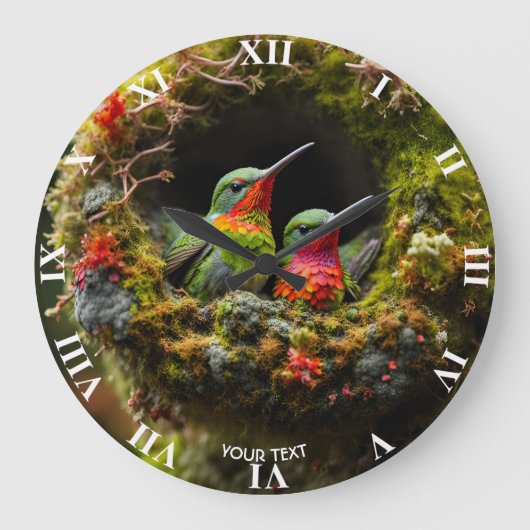 Fantasy Niedlich Vivid Hummingbird Nest Moss Große Wanduhr (Vorderseite)