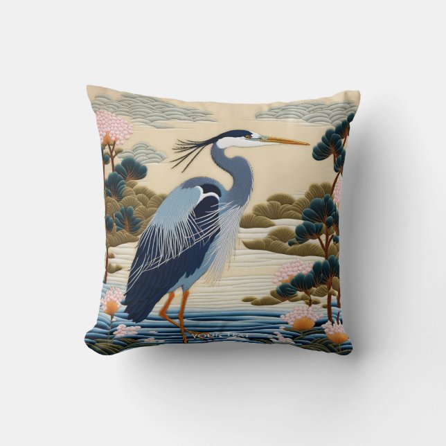 Fantasy Niedlich Vivid Japanischer Heron Blue Kissen (Vorderseite)