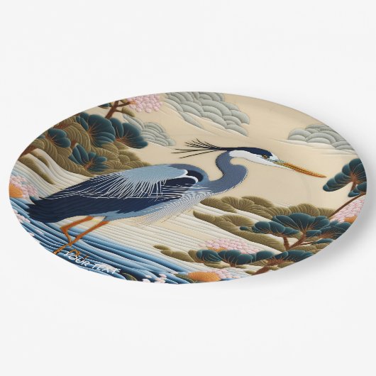 Fantasy Niedlich Vivid Japanischer Heron Blue Pappteller (Schrägansicht)