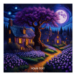 Fantasy Niedlich Vivid Lila Village Moon Poster