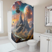 Fantasy Niedlich Vivid Mountains Planets Ship Duschvorhang (Beispiel)