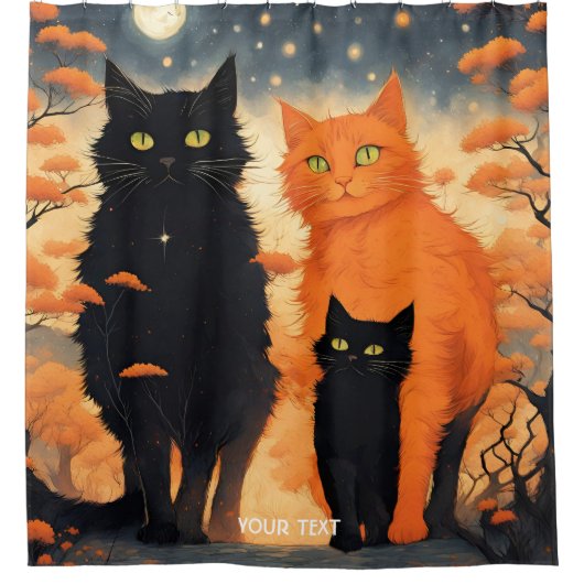 Fantasy Niedlich Vivid Orange Black Cats Duschvorhang (Vorderseite)