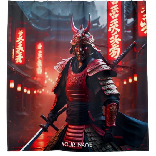 Fantasy Niedlich Vivid Samurai in Rot Duschvorhang (Vorderseite)