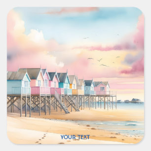 Fantasy Niedlich Watercolor Beach Huts Quadratischer Aufkleber