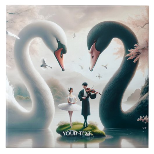 Fantasy Niedlich White Black Swans Fliese (Vorderseite)