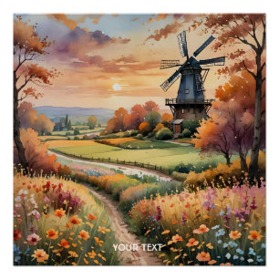 Fantasy Niedlich Windmill Blume Field Poster