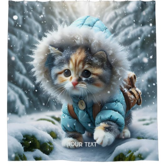 Fantasy Niedlich Winter Kitten Schnee Duschvorhang (Vorderseite)