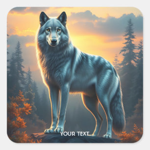 Fantasy Niedlich Wolf auf Rock Quadratischer Aufkleber