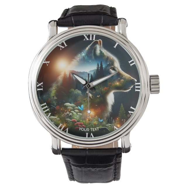 Fantasy Niedlich Wolf Doppelausstellung Armbanduhr (Vorderseite)