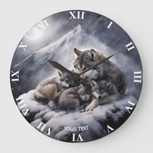 Fantasy Niedlich Wolf Family Winter Große Wanduhr (Vorderseite)