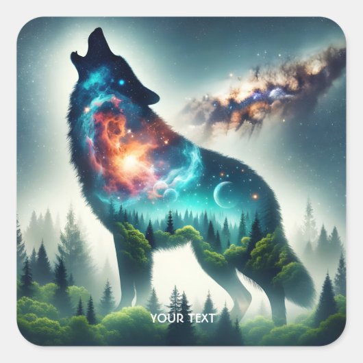Fantasy Niedlich Wolf Forest Space Quadratischer Aufkleber (Vorderseite)