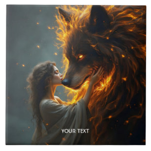 Fantasy Niedlich Wolf Girl Fire Fliese