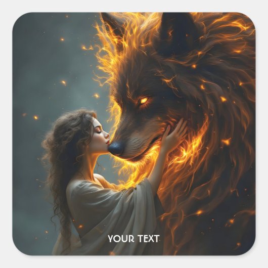 Fantasy Niedlich Wolf Girl Fire Quadratischer Aufkleber (Vorderseite)
