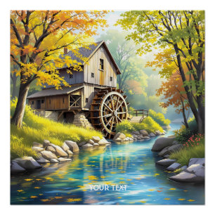 Fantasy Niedlich Wooden Watermill River Poster