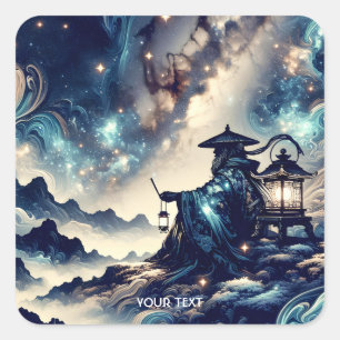 Fantasy Niedliche japanische Landschaft Nacht Quadratischer Aufkleber