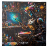Fantasy Niedlicher Vivid Roboter mit Pinsel Fliese (Vorderseite)