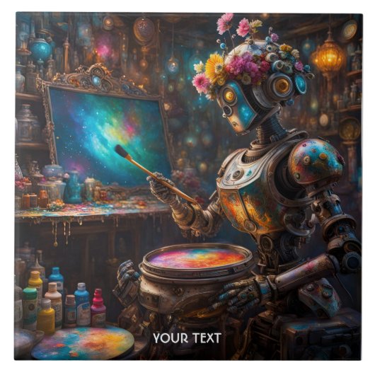 Fantasy Niedlicher Vivid Roboter mit Pinsel Fliese (Vorderseite)