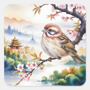 Fantasy Niedliches chinesisches Vogelblossom Quadratischer Aufkleber