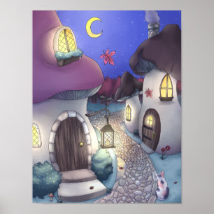 Fantasy Nighttime Mushroom Village Illustration Poster