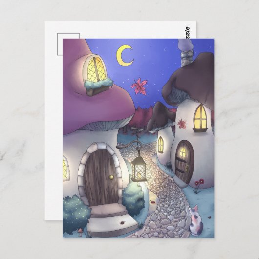 Fantasy Nighttime Mushroom Village Illustration Postkarte (Vorne/Hinten)