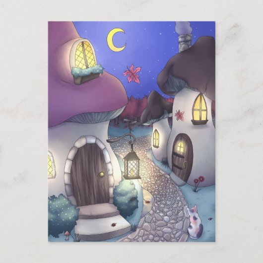 Fantasy Nighttime Mushroom Village Illustration Postkarte (Vorderseite)