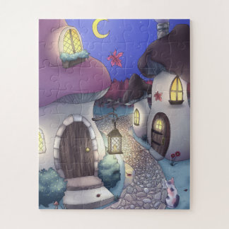 Fantasy Nighttime Mushroom Village Illustration Puzzle