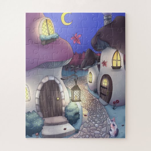 Fantasy Nighttime Mushroom Village Illustration Puzzle (Vertikal)