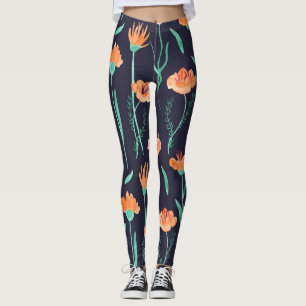Fantasy Orange Blume: Watercolor Dunkle Muster. Leggings