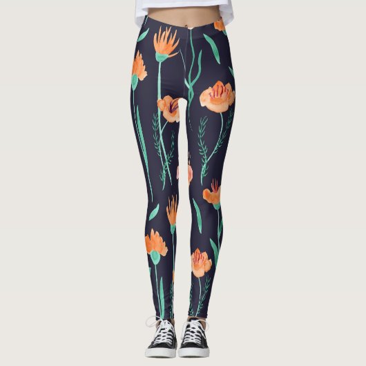 Fantasy Orange Blume: Watercolor Dunkle Muster. Leggings (Vorderseite)