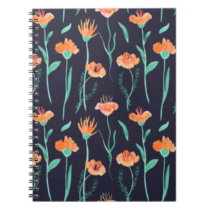 Fantasy Orange Blume: Watercolor Dunkle Muster. Notizblock