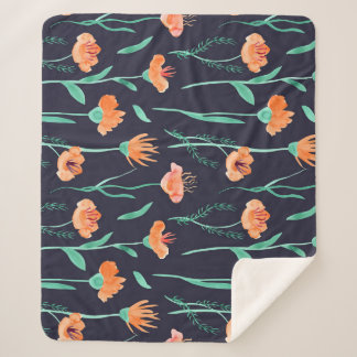 Fantasy Orange Blume: Watercolor Dunkle Muster. Sherpadecke