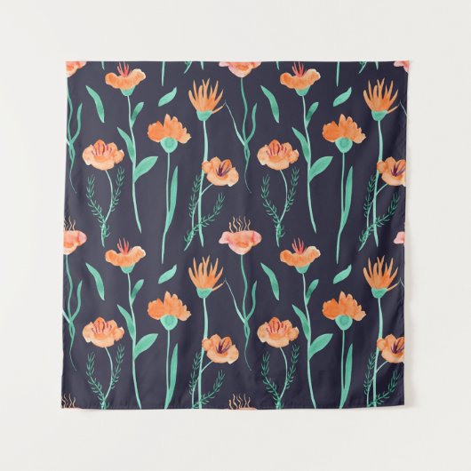 Fantasy Orange Blume: Watercolor Dunkle Muster. Wandteppich (Vorderseite)
