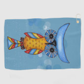 Fantasy Owl Big Round eyes Blue Head on Circles Golfhandtuch (Horizontal)